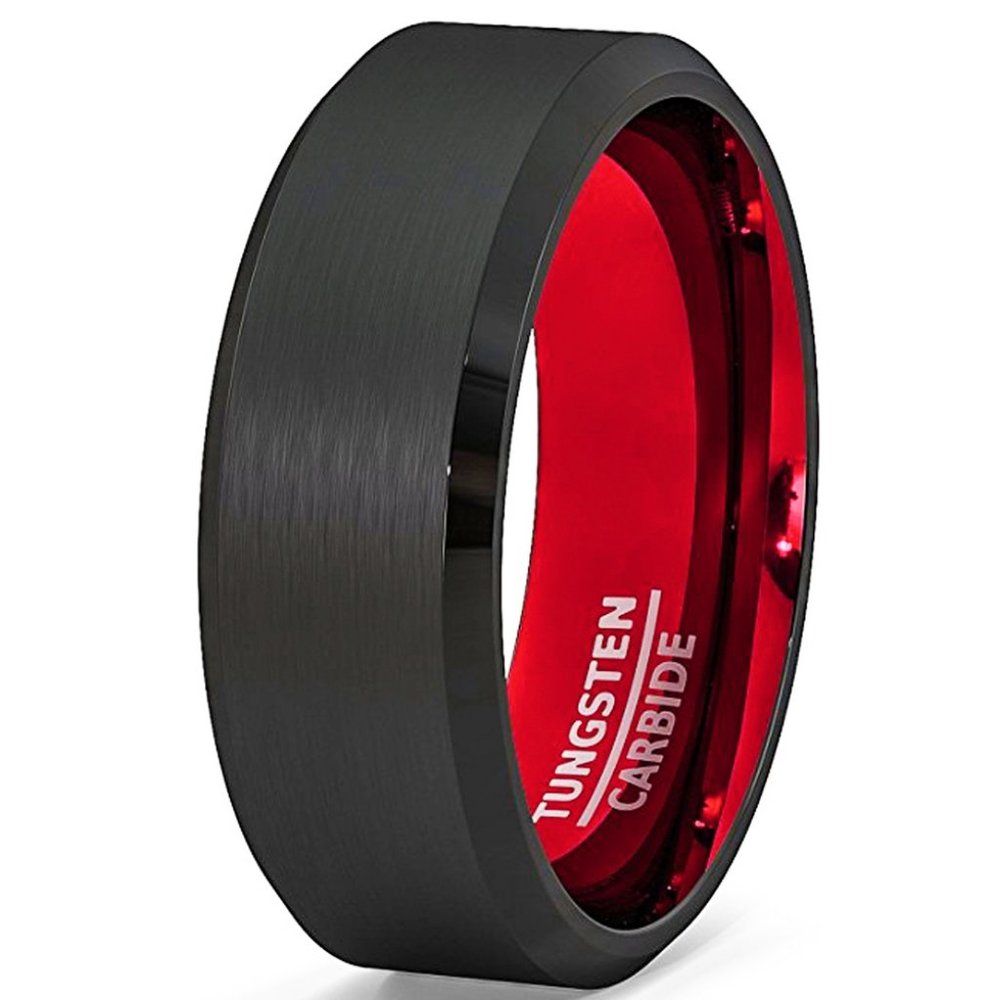 Men' Wedding Tungsten Ring Band 8mm. Black Matte Finish with Red Inside